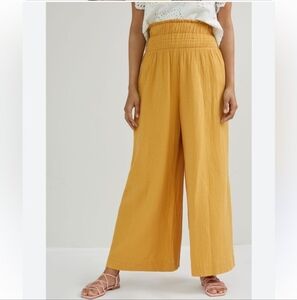 ANTHROPOLOGIE Wide Leg Smocked Gauze Pants High Waist Mustard Size Medium